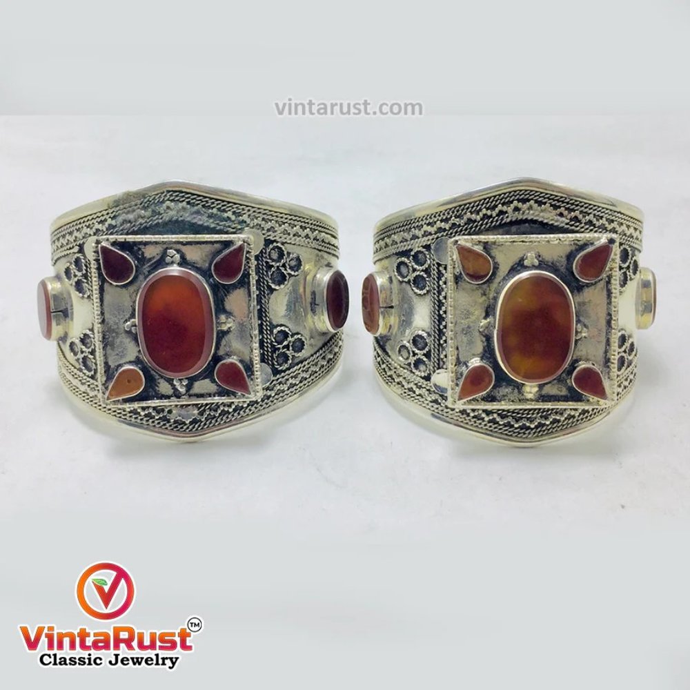 Single Handmade Kuchi Cuff Bracelet: Afghan Tribal Jewelry with Coral Stones